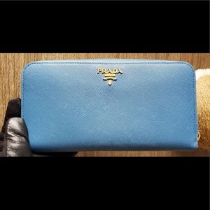 Authentic Prada Saffiano Zip-Around Wallet in Blue with Gold Logo